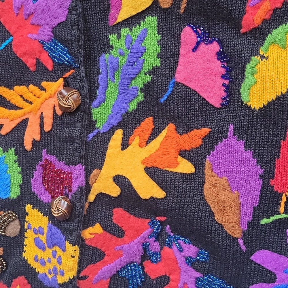 Vintage MICHAEL SIMON Cardigan Sweater Sz S Fall Leaves Acorns Beads Embroidered - Picture 6 of 16